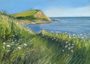 Painting of Kimmeridge coast with green cliffs and blue sea under a clear sky.
