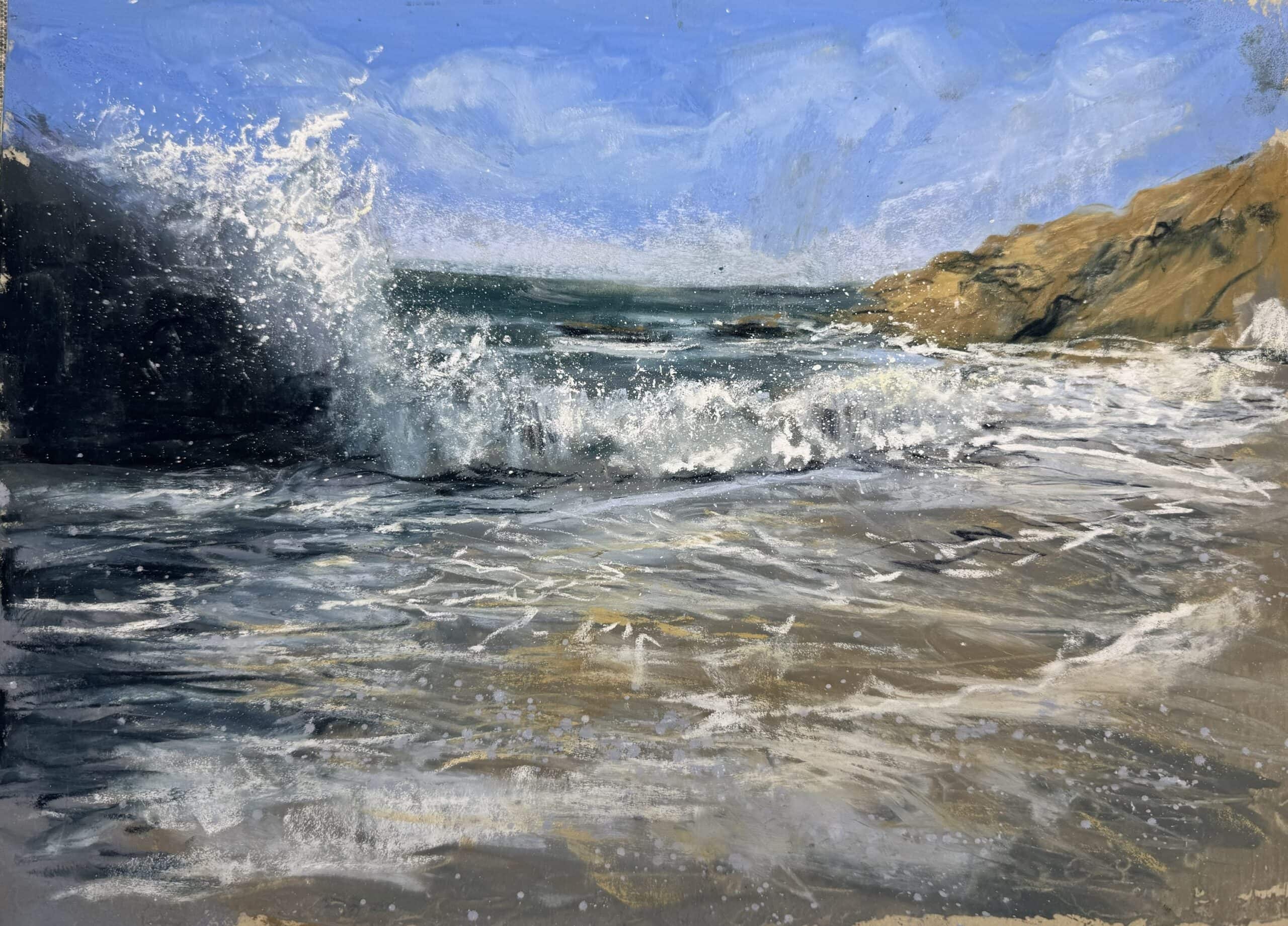 Seascape painting of waves crashing on rocky coast by Nina Squire.