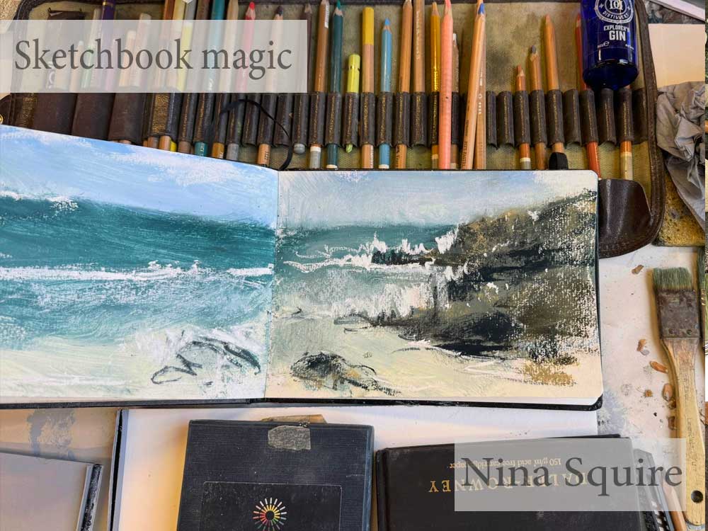 Sketchbook with ocean scene and pastel art supplies for Nina Squire.