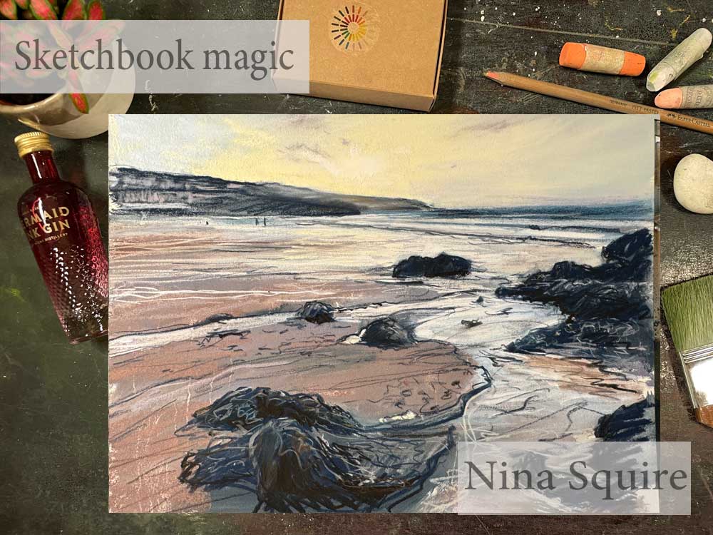 Pastel seascape painting by Nina Squire with rocks and water.