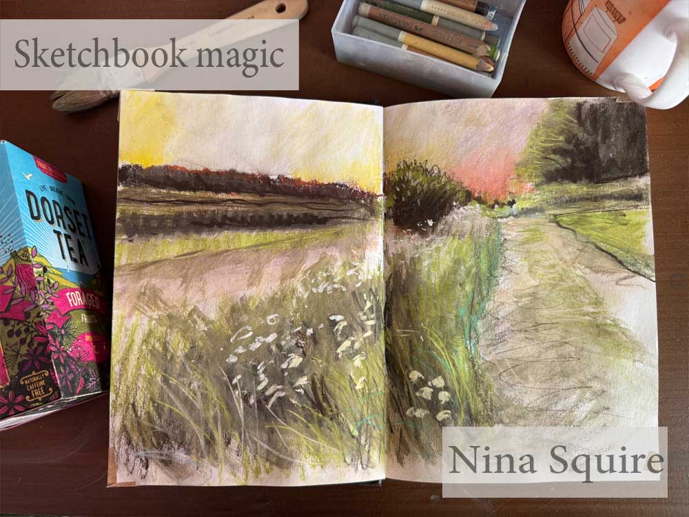 Pastel landscape sketchbook page of evening light and nature scene by Nina Squire.
