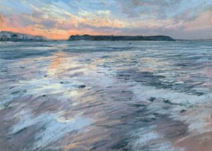 Seascape painting by Nina Squire featuring ocean waves at sunset.