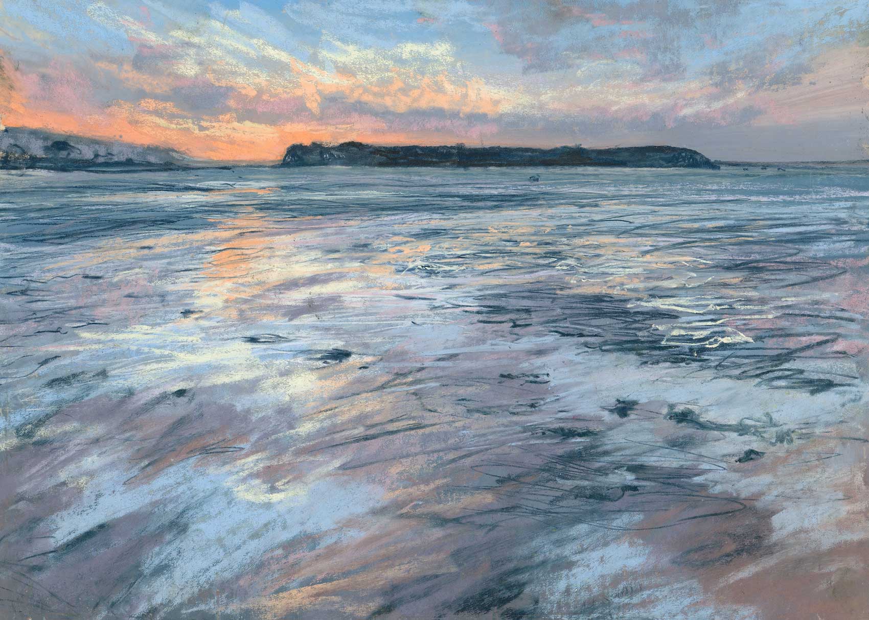 Seascape painting by Nina Squire featuring ocean waves at sunset.