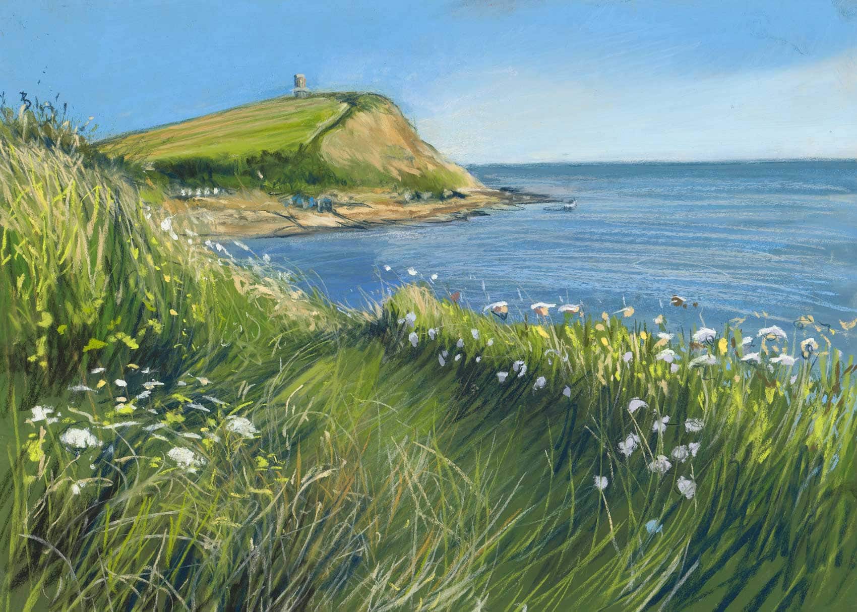 Painting of Kimmeridge coast with green cliffs and blue sea under a clear sky.