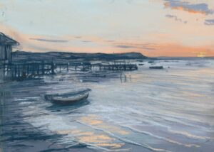 Seascape painting by Nina Squire featuring boats and a sunset sky.