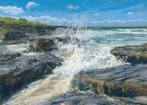 Seascape painting of waves crashing on rocks by Nina Squire.