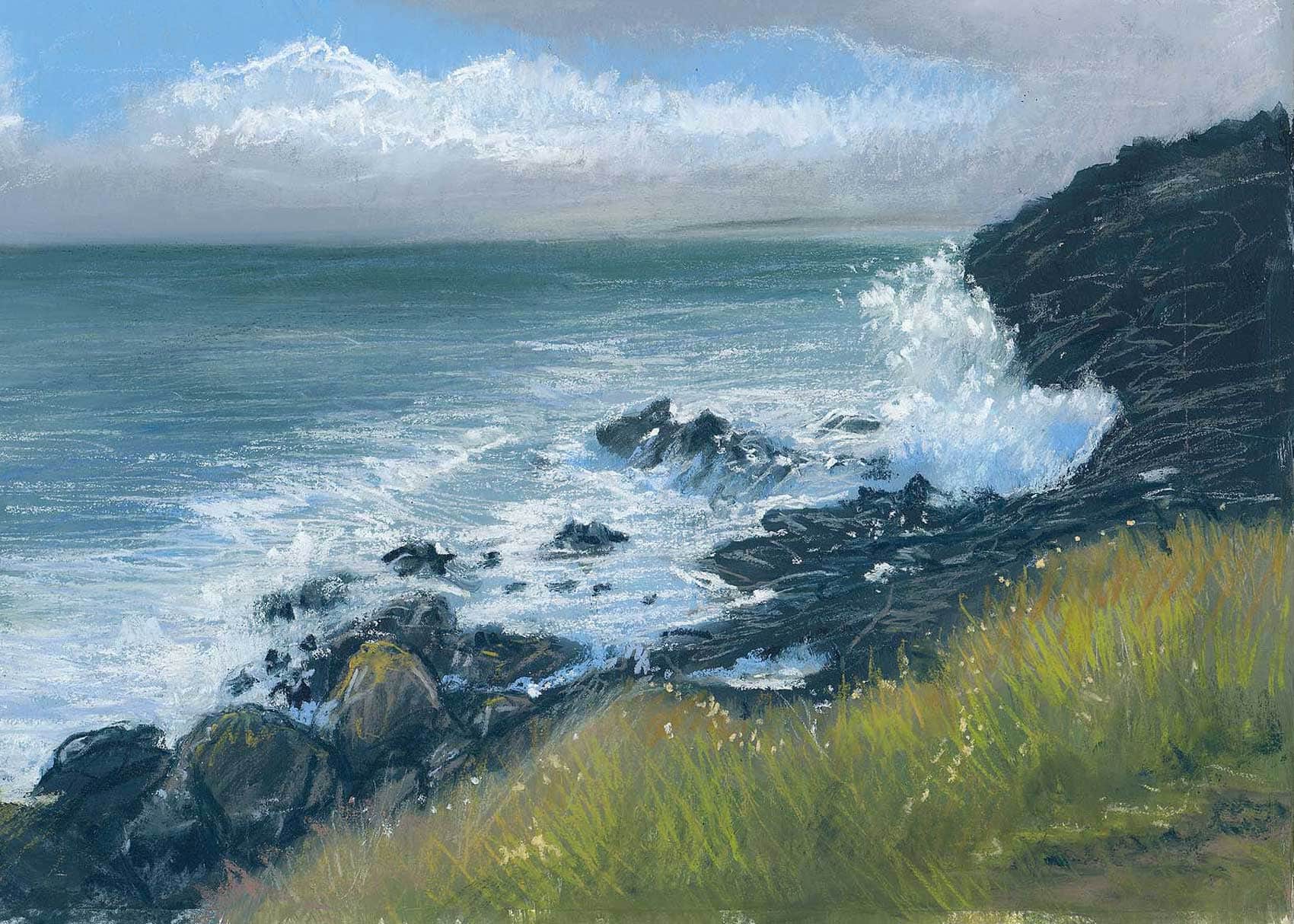 Seascape painting by Nina Squire featuring rocky coast and ocean waves.
