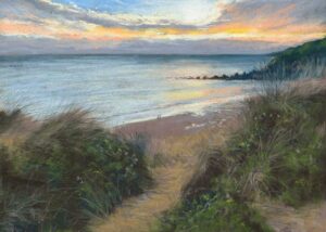Beautiful seascape painting by Nina Squire with sunset sky and coastal landscape.