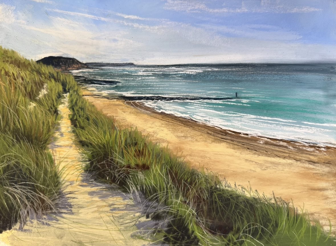 Scenic coastal dunes at Christchurch with sandy path and ocean view.