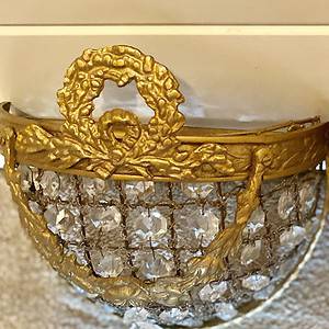 Fantastic Pair Vintage Half Round  Crystal Bulb Basket French Empire Wall  Sconces Unwired
