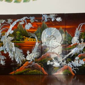Magnificent Lacquered  Oriental Midcentury Wall Art Panels Made of Mother of Pearl x 4 sold