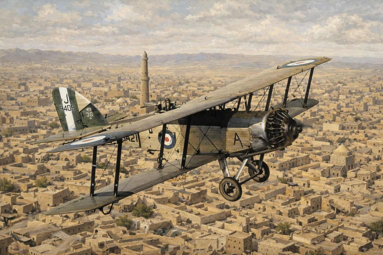 Vintage WWI Royal Air Force biplane flying over desert cityscape.