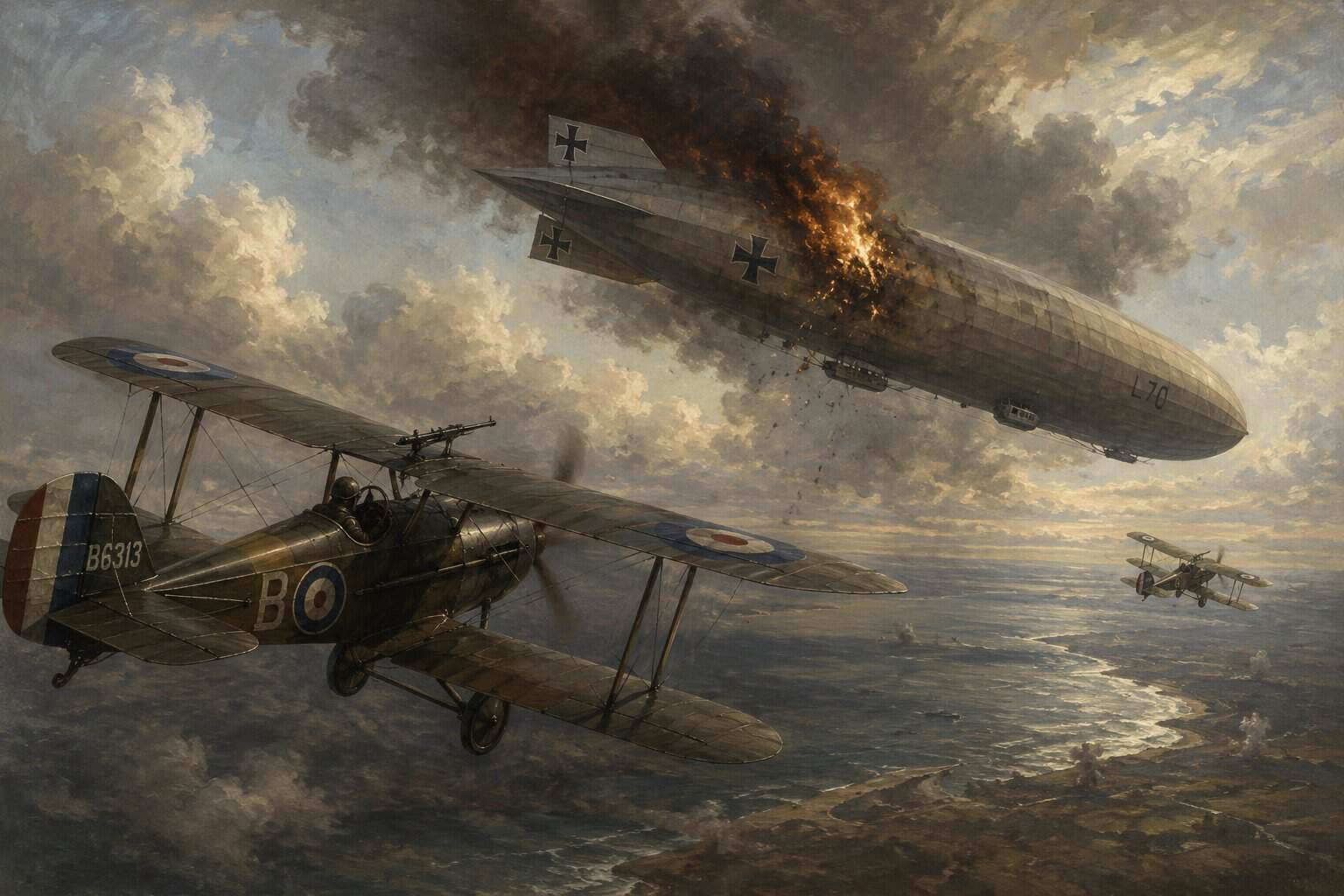 German Airship Raid Fails as Zeppelin L70 Is Destroyed