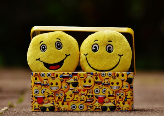 Two plush smiley face balls sit in a rectangular box decorated with various emoji faces, against an outdoor background.
