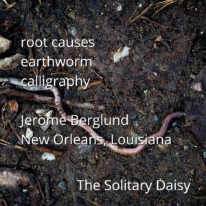 An earthworm on damp soil with text: "root causes earthworm calligraphy, Jerome Berglund, New Orleans, Louisiana, The Solitary Daisy.