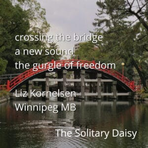 A red arched bridge crosses over a pond in a park, surrounded by trees. Text over the image displays a haiku poem and the poet's name.