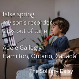 A young boy sits indoors playing a red recorder, reading sheet music on a stand, with a brown dog resting beside him on a couch. Text overlaid includes a poem and location details.