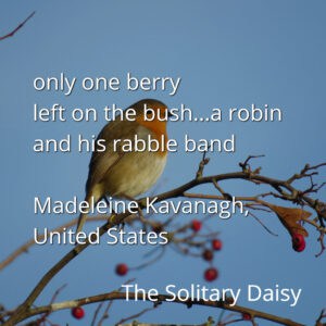 A robin perches on a branch with a few red berries, accompanied by overlay text of a poem and the poet's name.