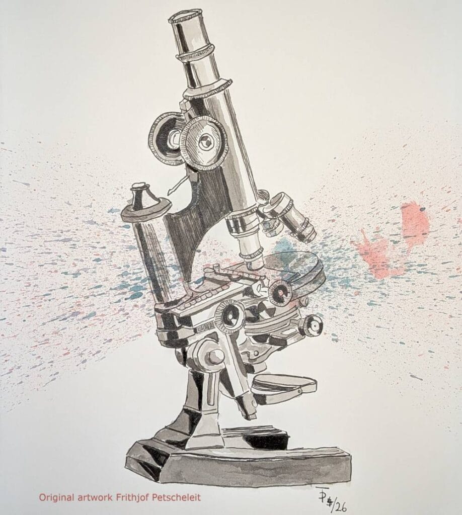 Black and white illustration of a microscope with splashes of pink and blue in the background. Text at the bottom reads: "Original artwork Frithjof Petscheleit." Inspired by the clarity and focus of a microscope haiku.