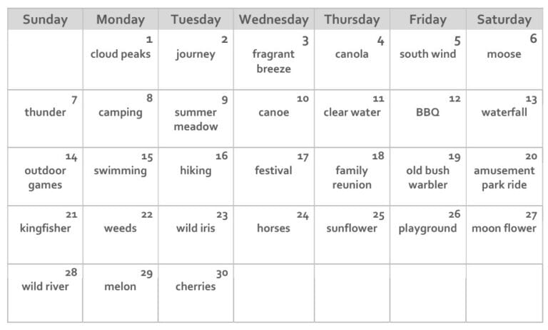 A calendar titled with days of the week. Each date block contains a different word or phrase, such as "journey," "waterfall," "cherries," and "festival.