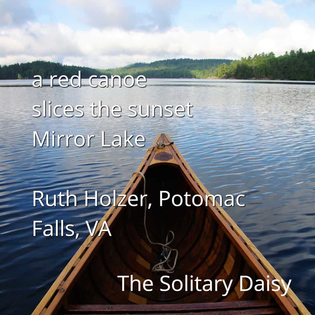 View from inside a red canoe on calm Mirror Lake, surrounded by trees under a cloudy sky, with overlaid text including a poem and author details.