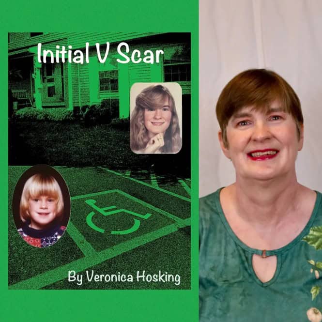 A woman in a green top smiles next to a book cover titled “Initial V Scar” featuring childhood photos and a wheelchair symbol.