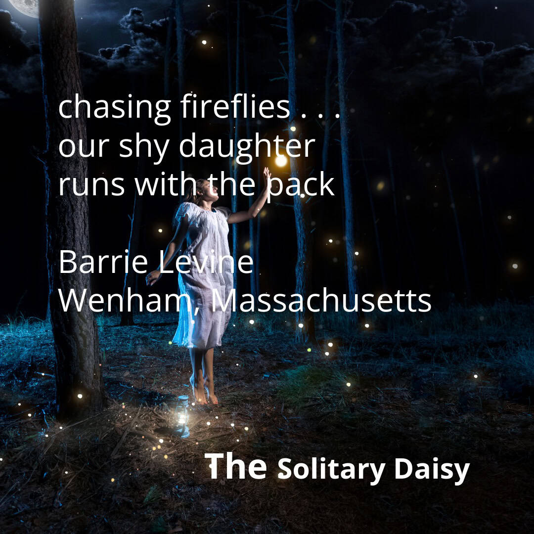 A girl in a white dress holds a glowing jar in a dark, wooded area, surrounded by fireflies. Text about fireflies and location is overlaid on the image.