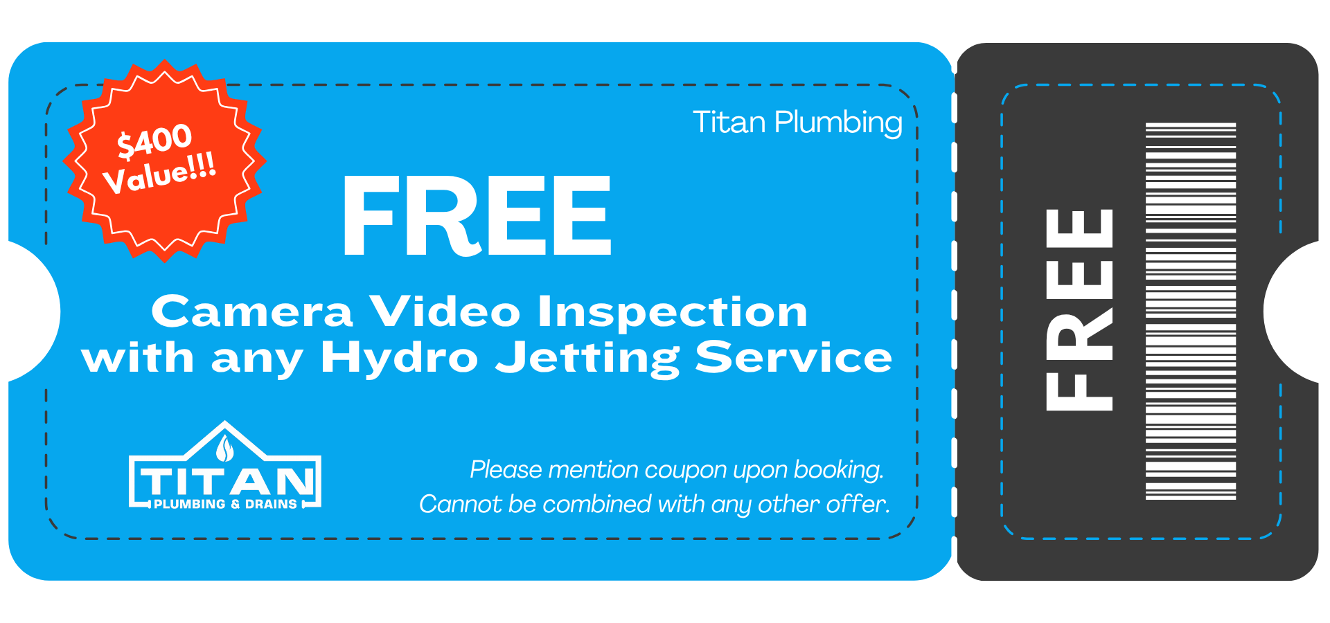 Titan Plumbing & Drains coupon for a free camera inspection with drain cleaning or hydro jetting, showing $400 value and terms.