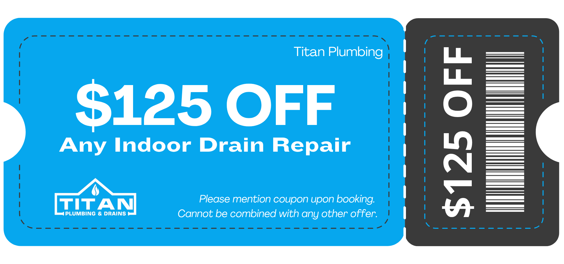 Titan Plumbing & Drains indoor drain repair coupon for $125 off, valid in Ohio with terms about single use and mentioning offer.