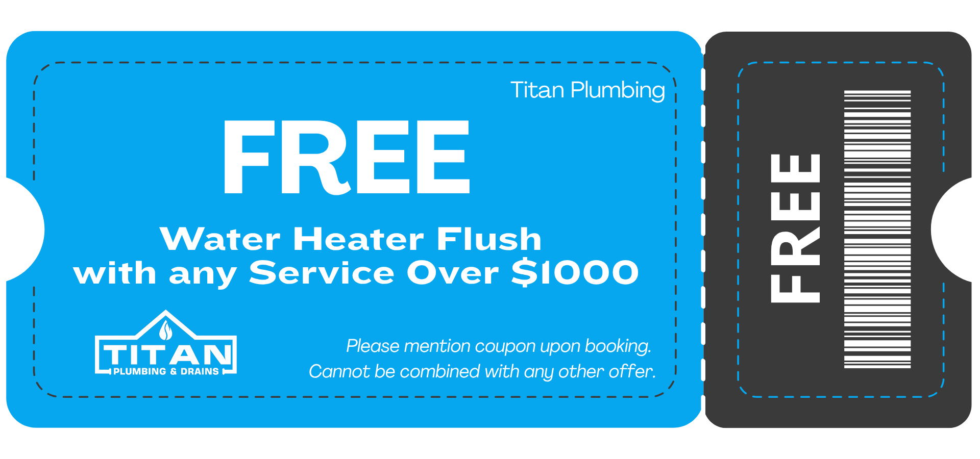 Titan Plumbing & Drains coupon offering a free water heater flush with any service over $1000. Not combinable with other offers.