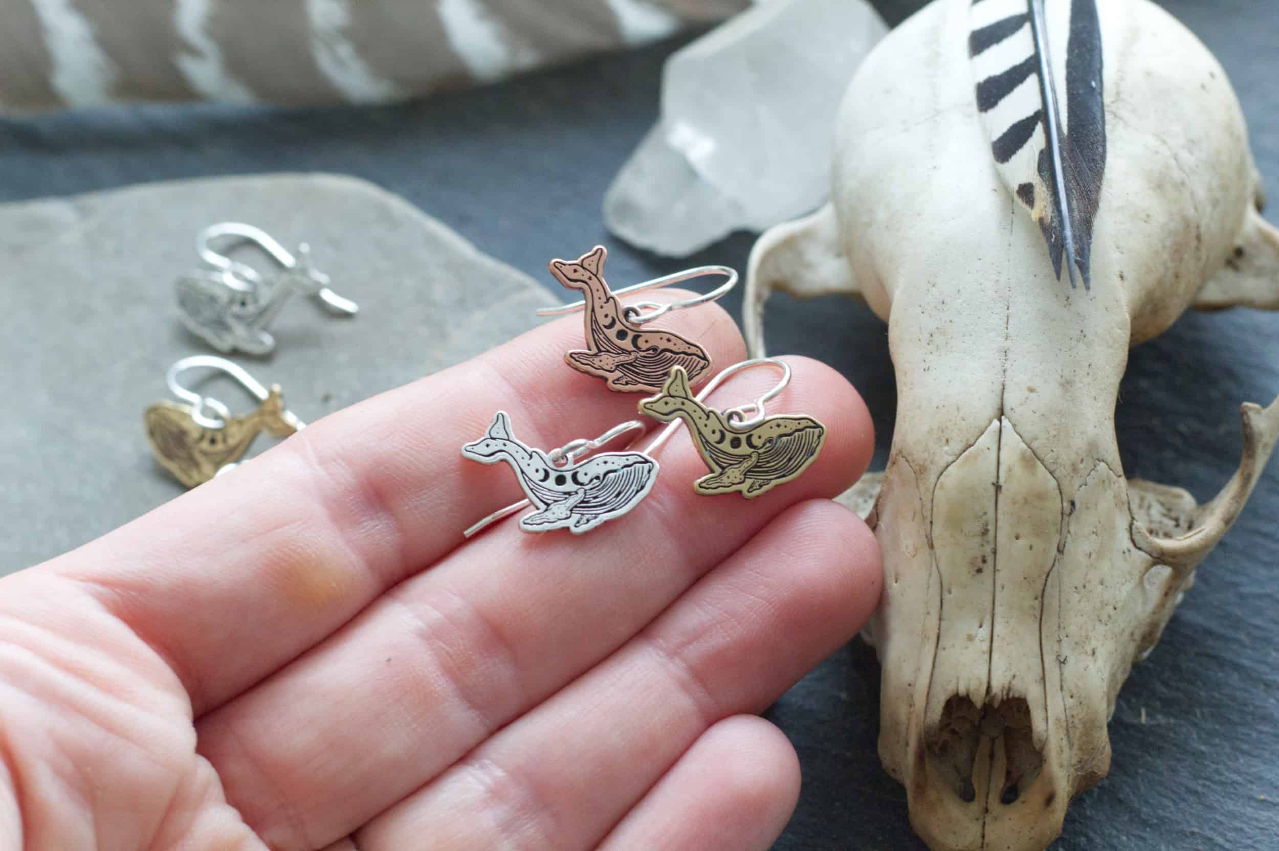 triple moon blue whale earrings