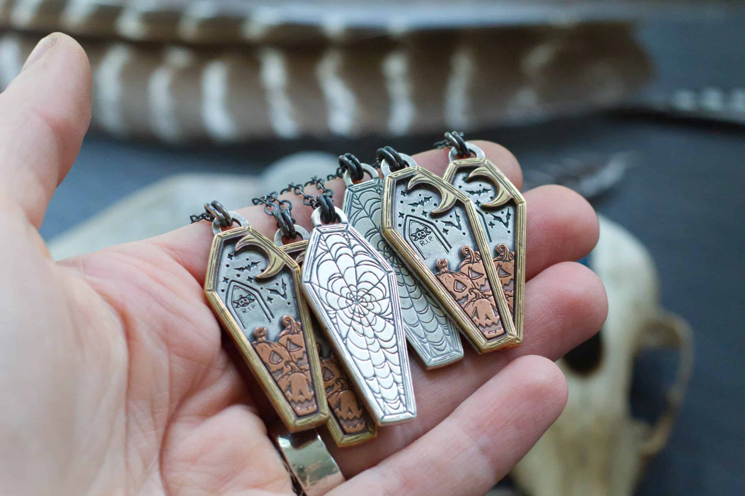 halloween coffin pendant with jack o lanterns