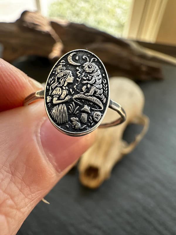 Sterling Silver Alice in Wonderland Ring, Storybook Jewelry with Caterpillar Scene - Image 6