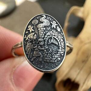 Sterling Silver Hansel and Gretel Ring, Fairy Tale Storybook Jewelry, Grimm Brothers Witch Oven Scene, Handmade Fantasy Ring