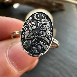 Sterling Silver Alice in Wonderland Ring, Storybook Jewelry with Caterpillar Scene, Handmade Fantasy Ring, Literary Folklore Jewelry