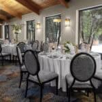 Closeup of a table decorated for an event in the ballroom