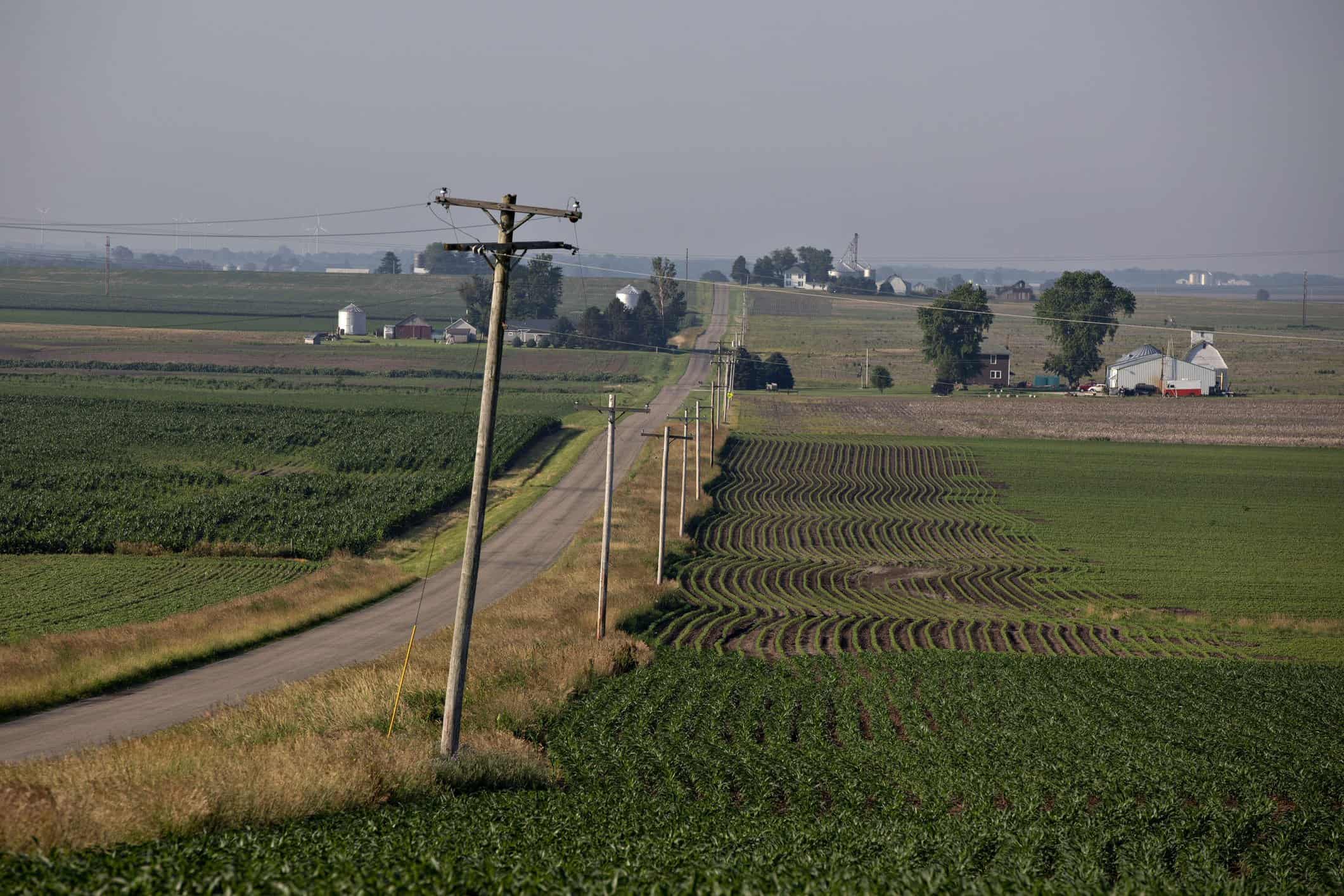 Straight gravel country road lined with utility poles stretching through flat Midwestern farmland