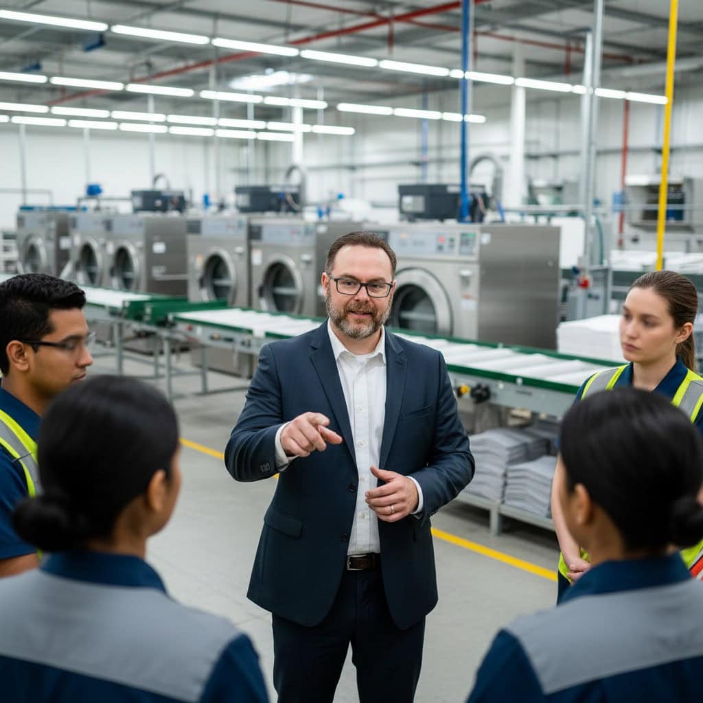 Delivering advisory services on production floor of commercial laundry.
