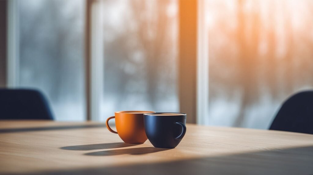 Two mugs on a table, symbolizing readiness for conversation.