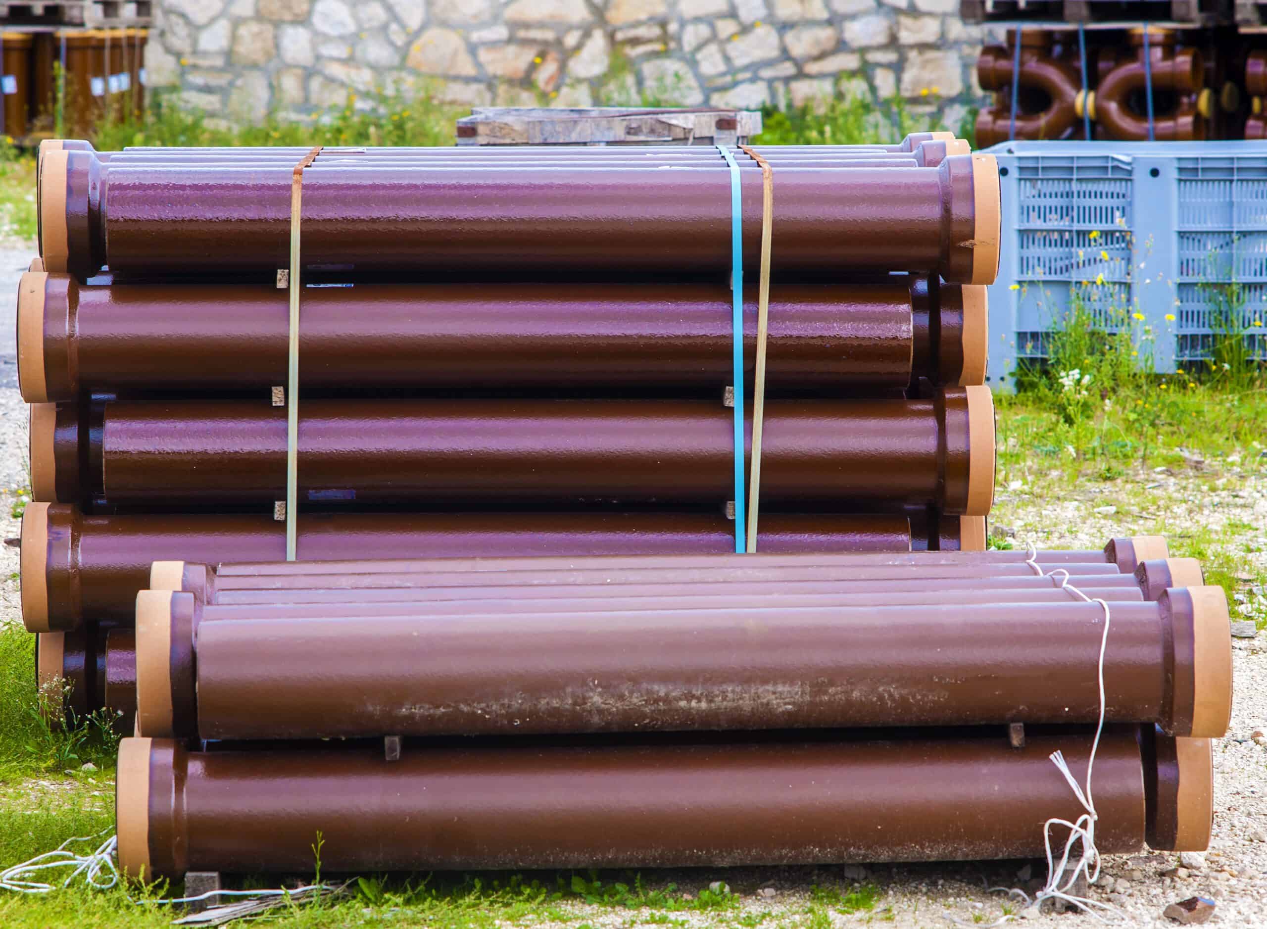 New clay pipes for underground sewer line replacement.