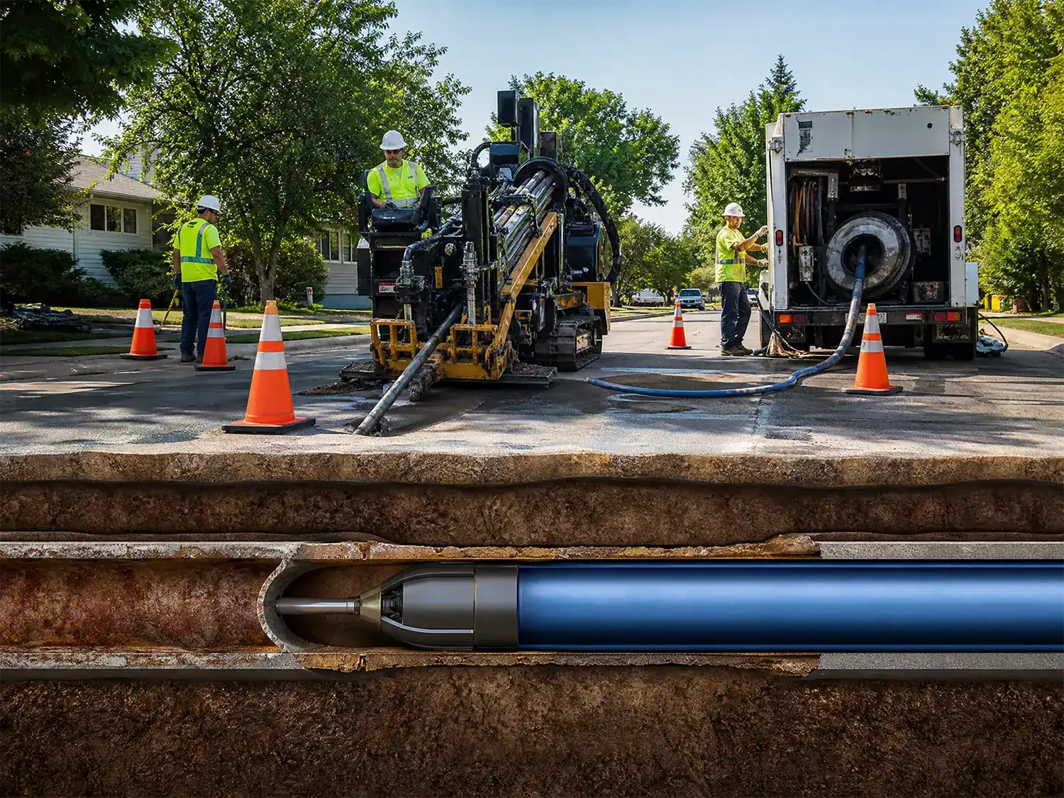 Thompson Trenchless and Hydro Jetting repairing pipes under a street by safely placing new pipe inside old pipe without digging.
