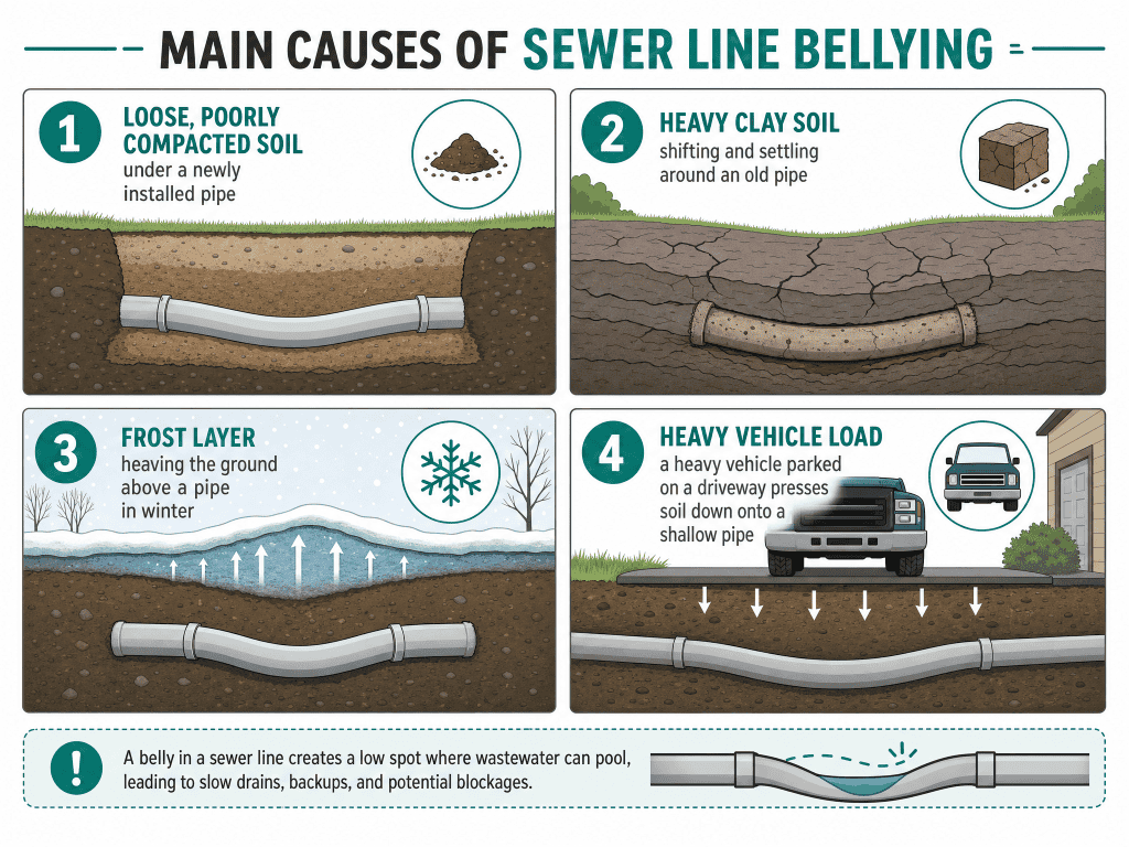 Thompson Trenchless and Hydro Jetting shows four main reasons sewer lines can sag, like loose soil or heavy vehicles. Thompson Trenchless and Hydro Jetting shows four main reasons sewer lines can sag, like loose soil or heavy vehicles.