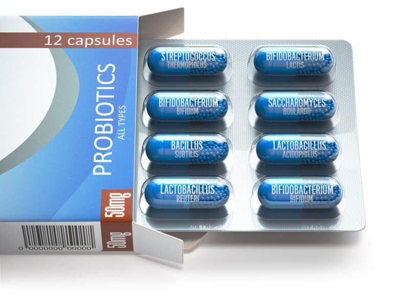 Probiotics. Blister box with all types of probiotics capsules. Pills with bifidobacterium, lactobacillus, sacchaomyces and othes bacillus