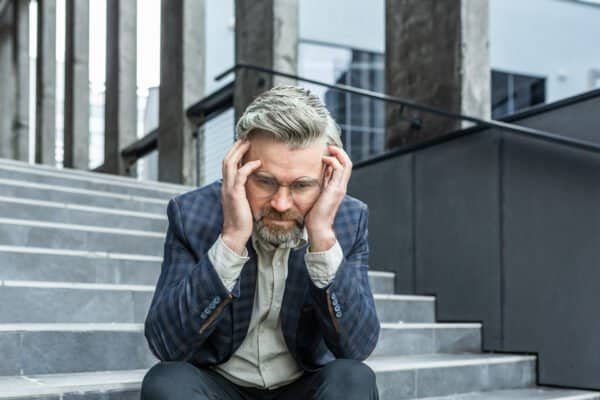 A man in a suit sits outside the courthouse on the steps and looks down, holding his head in his hands. Premeditated, stressful. Divorce, alimony, criminal lawsuit, financial problems.