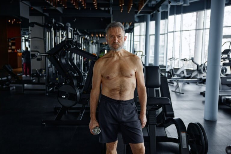 Man without a shirt is standing confidently while holding a dumbbell, demonstrating his commitment to fitness in a gym