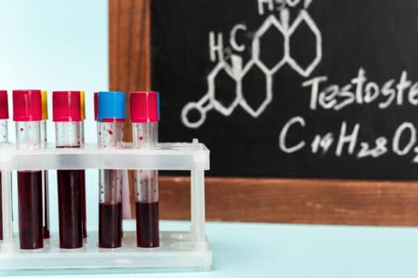 Selective focus of stand with blood samples in test tubes near blackboard with testosterone formula