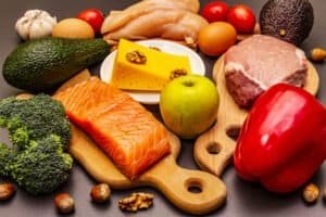 Set. Paleo, Pegan Low Carbs Nutrition. Meat, Fish, Cheese, Fruits