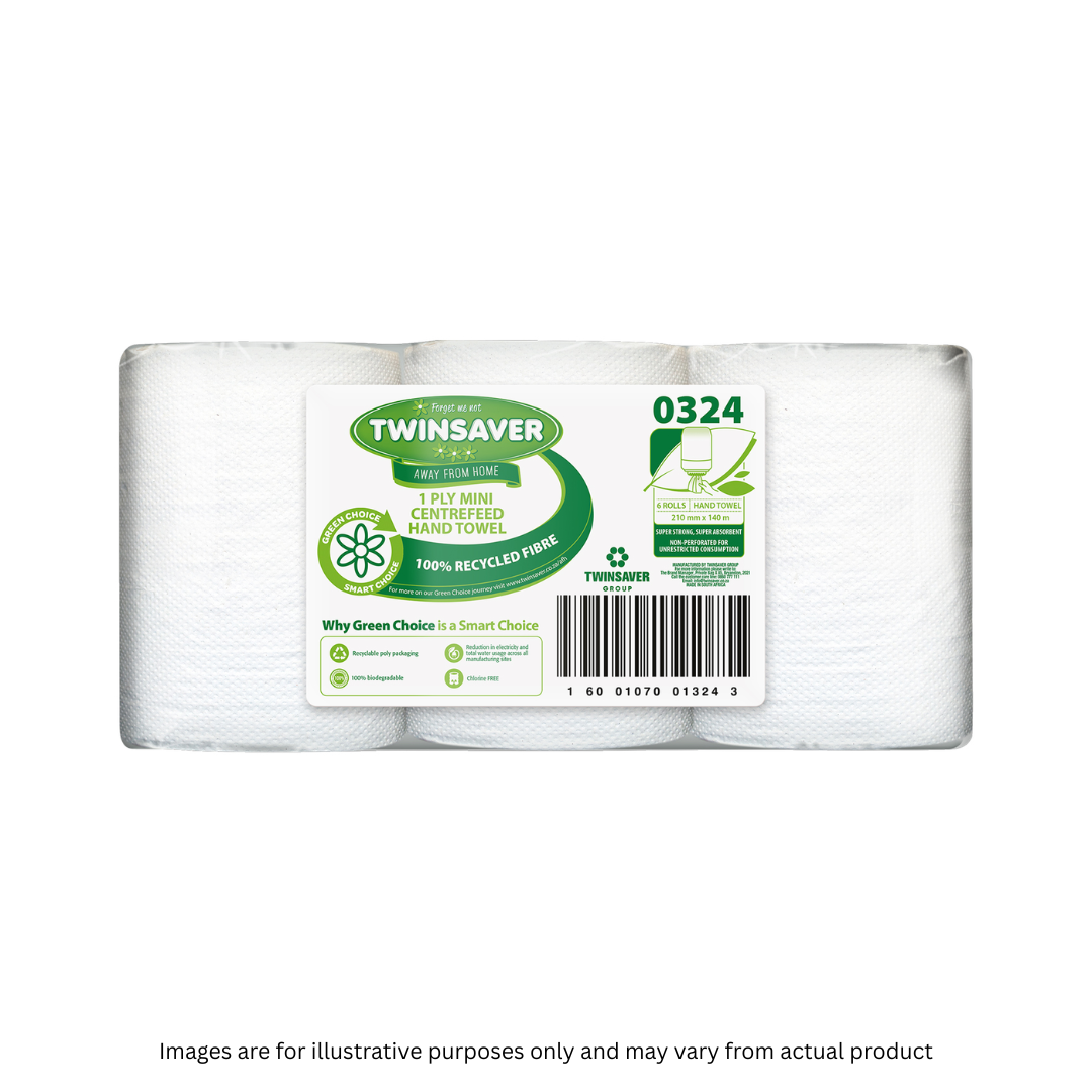 TWINSAVER | 1 PLY MINI CENTREFEED HAND TOWEL X 6 ROLLS | ITEM CODE: 324