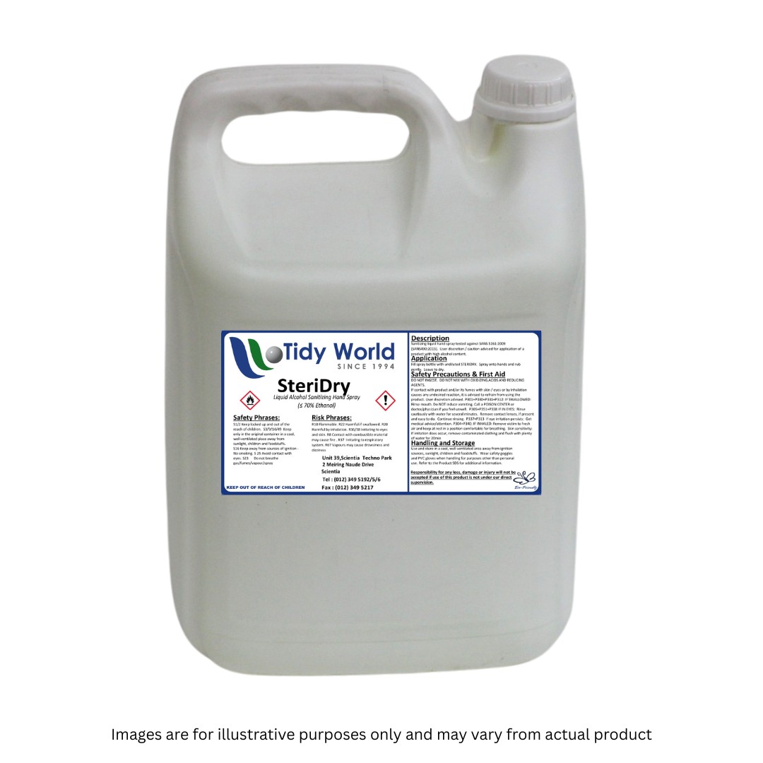 TIDY STERIDRY | 70% ALCOHOL BASED SANITIZING LIQUID HAND SPRAY-5L