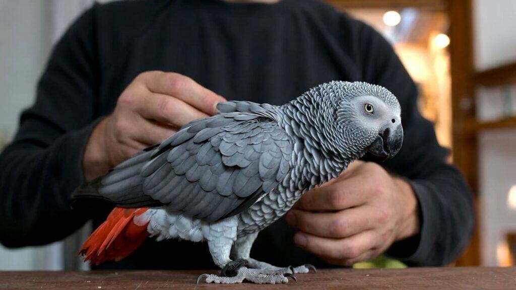 Healthy African Grey interacting